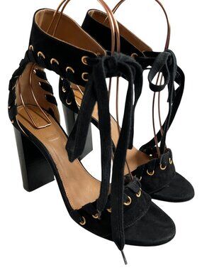 Chloe sandals Miles Iconic Whipstitch strap high heel black suede 38 8 block